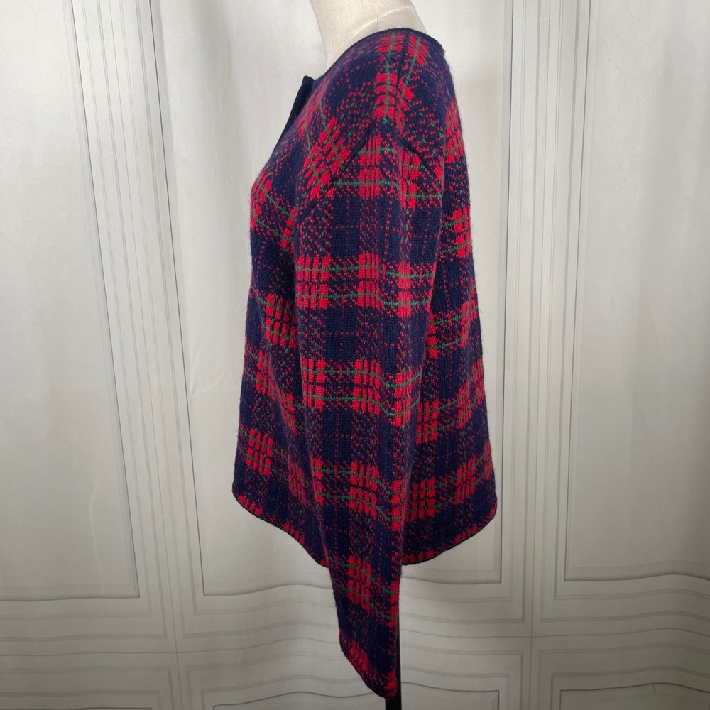 Vintage 90's Susan Bristol Wool Cardigan Sweater Plaid Knit Navy Red Green- L - Picture 8 of 16